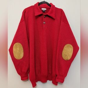 Vintage Men's Oversized Red Knit Merino Wool Sweater With Suede Patch Elbows XXL